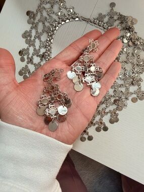 Vintage Silver Coin Fringe Statement Necklace with Matching Earrings